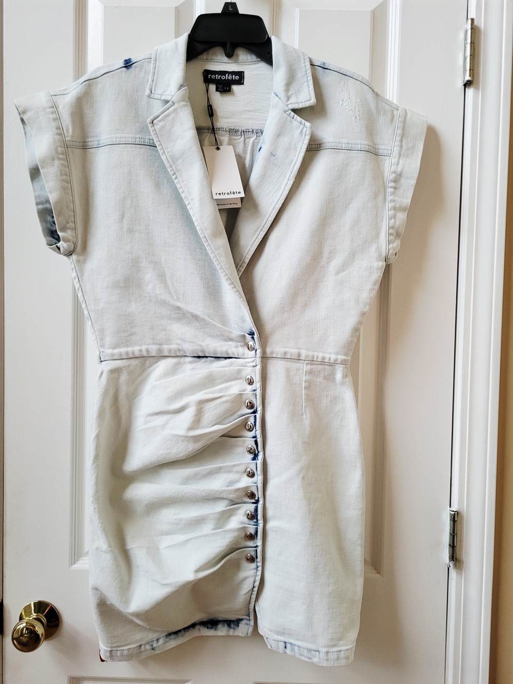 NWT Retrofete Denim Mini Dress Size L Light Wash Ruched Snap Front Italy